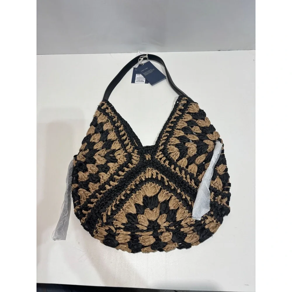 A New Day Straw Hobo Bag Women One Size Black Tan Crochet Woven Shoulder Bag